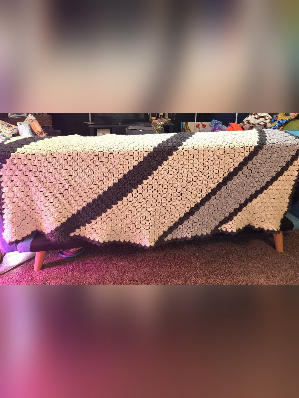 Handmade Crocheted Twin Sized Blanket Lrg Throw Dark Gray Light Gray and White